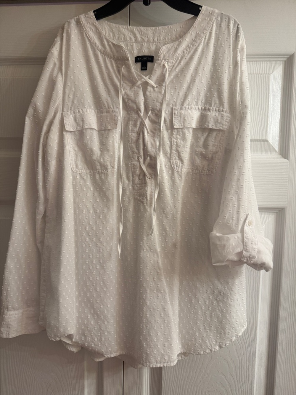 Talbots White Swiss Dot Lace-Up Peasant Top